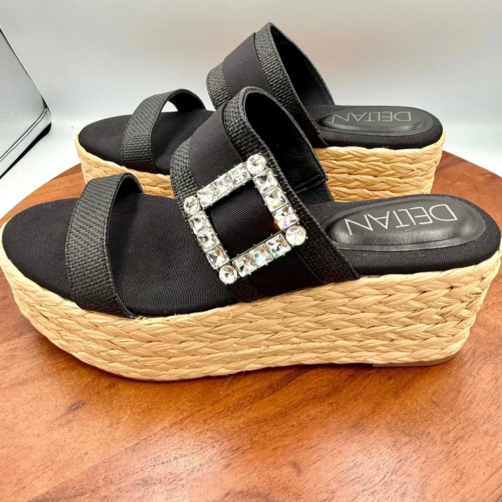 Deltan Collins Raffia Embellished Buckle Platform Slide Sandals Womens 8.5‎
